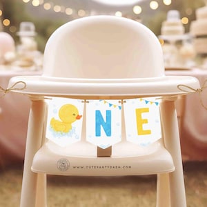 Rubber Duck Birthday High Chair Banner Printable INSTANT DOWNLOAD, Editable ONE baby 1st birthday banner garland Lucky Duckie Cake Smash 429