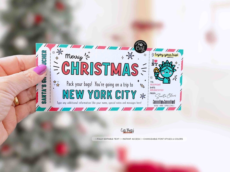May include: A printable Christmas gift voucher with a festive design. The voucher says "Merry Christmas" and "Pack your bags! You're going on a trip to New York City." It features a cartoon illustration of the Statue of Liberty and the text "Enjoy your trip!"