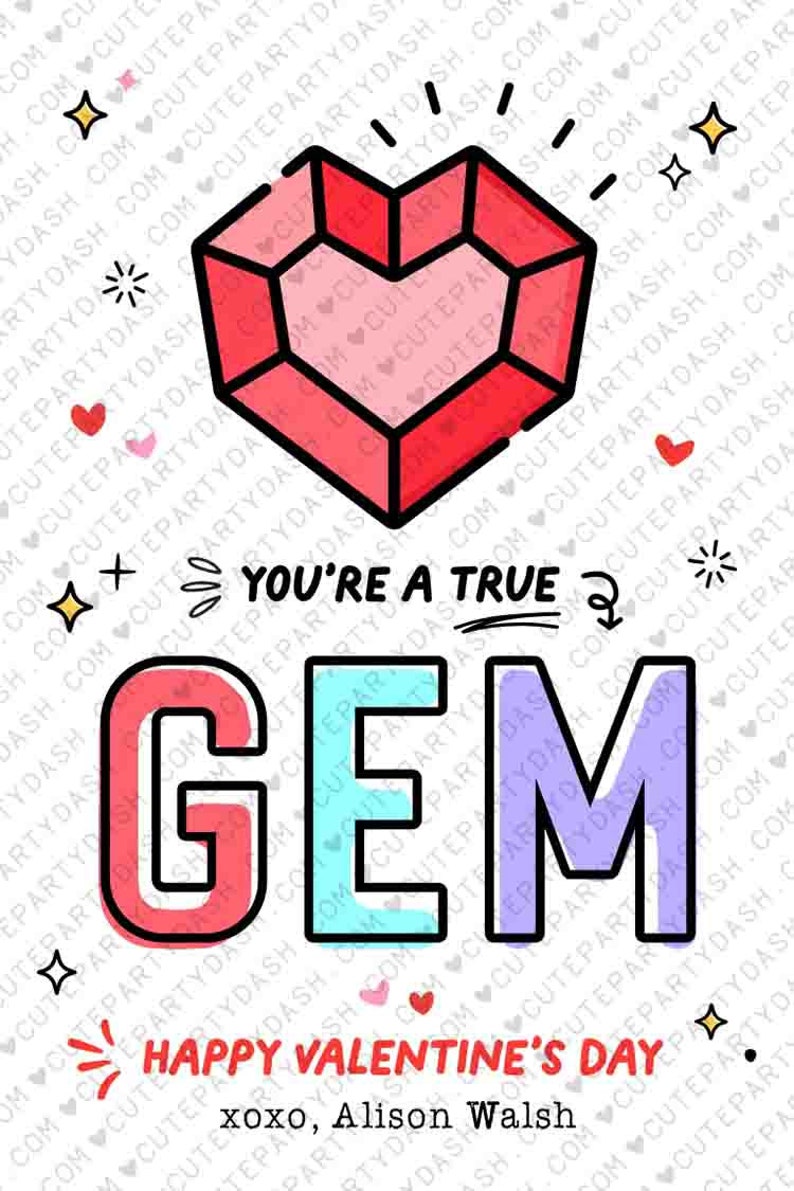 K&ouml;nnte beinhalten: Valentinstag-Grafik mit einem herzf&ouml;rmigen roten Edelstein und den Worten &bdquo;YOU'RE A TRUE GEM&ldquo;. Das Wort &bdquo;GEM&ldquo; steht in gro&szlig;en, farbigen Buchstaben. Der Satz &bdquo;HAPPY VALENTINE'S DAY&ldquo; ist ebenfalls enthalten.