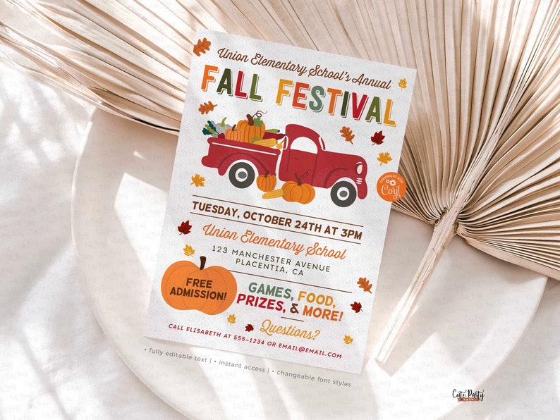 Op de afbeelding: Een kleurrijke uitnodiging voor een herfstfestival op Union Elementary School. De uitnodiging toont een rode vrachtwagen met pompoenen en herfstbladeren. De tekst luidt "Union Elementary School's Annual Fall Festival" en "Tuesday, October 24th at 3PM".