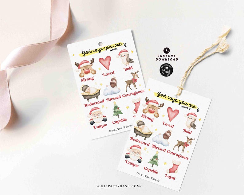 God Says You Are Religious Christmas Gift Tag Printable INSTANT DOWNLOAD Christian Affirmations Happy Holidays Sunday School Gift Tags Kids