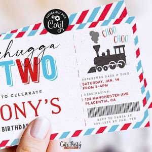 May include: A red and blue train ticket invitation for a second birthday party. The invitation features a cartoon train with the text "chugga two" and "Hony's Second Birthday". The invitation also includes the text "Departure Date & Time: Saturday, Jan. 14 from 2-4pm" and "Destination: 123 Manchester Ave Placentia, CA".