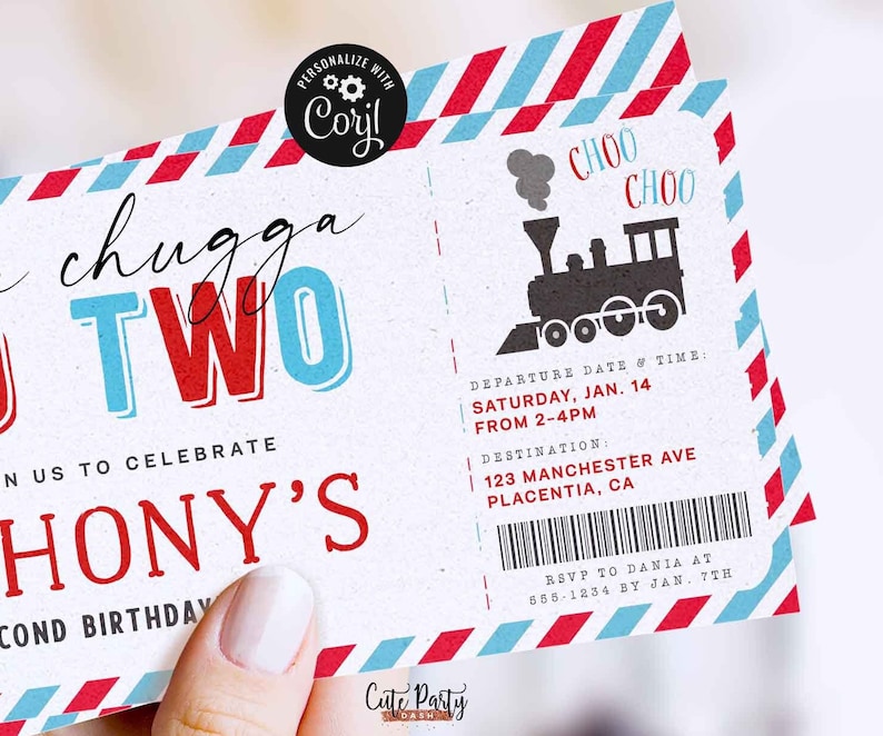 May include: A red and blue train ticket invitation for a second birthday party. The invitation features a cartoon train with the text "chugga two" and "Hony's Second Birthday". The invitation also includes the text "Departure Date & Time: Saturday, Jan. 14 from 2-4pm" and "Destination: 123 Manchester Ave Placentia, CA".