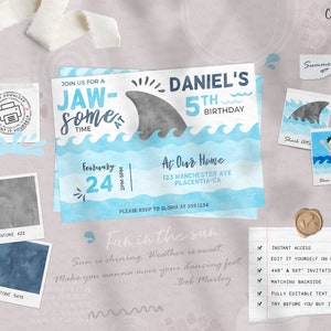 May include: A blue and white printable invitation for a 5th birthday party with a shark theme. The invitation says "Join us for a Jaw-some Time" and features a cartoon shark fin. The text also includes the date, time, and location of the party. The invitation is designed to be edited and printed at home.