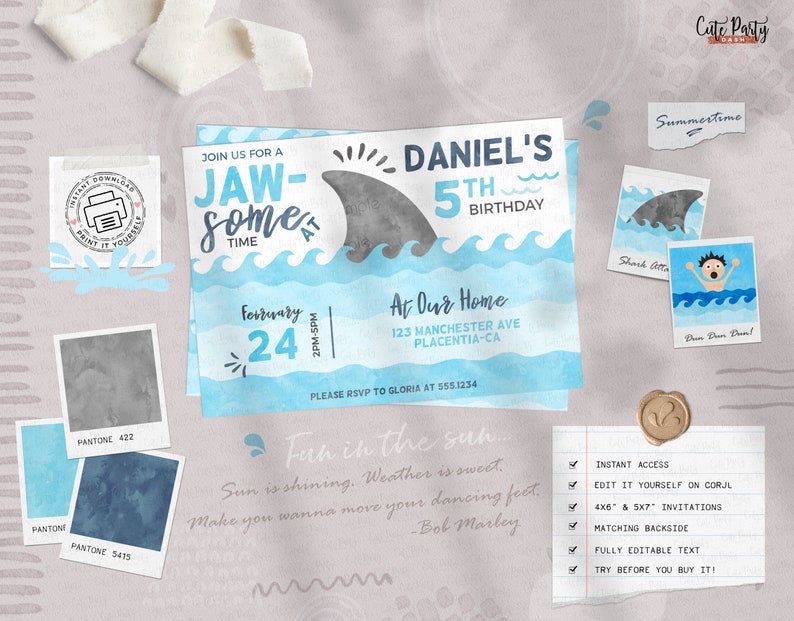 May include: A blue and white printable invitation for a 5th birthday party with a shark theme. The invitation says "Join us for a Jaw-some Time" and features a cartoon shark fin. The text also includes the date, time, and location of the party. The invitation is designed to be edited and printed at home.