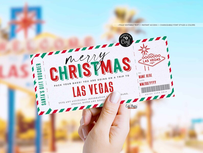 May include: A printable Christmas gift voucher with a red, green, and white striped border. The voucher says "Merry Christmas" and "Pack your bags! You are going on a trip to Las Vegas".
