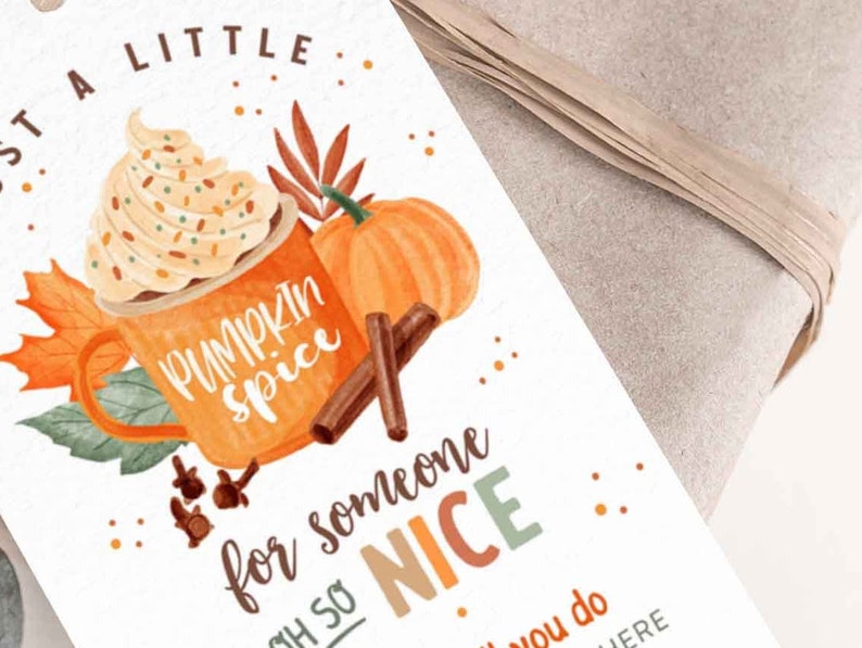 May include: A gift tag with a watercolor illustration of a pumpkin spice latte with whipped cream and a pumpkin. The tag says "Just a little pumpkin spice for someone so nice".