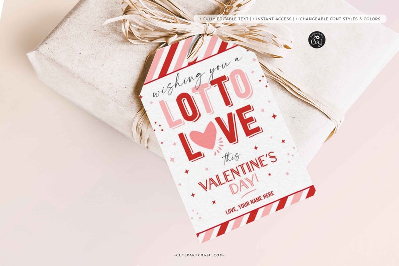 Valentine's Day Treat Tag, Wishing you a Lotto Love Gift Tag, Appreciation Tags, Lottery Ticket Valentines Tag, INSTANT DOWNLOAD EDITABLE
