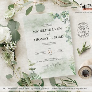 May include: A wedding invitation with a green watercolor background and eucalyptus leaves. The invitation reads "Madeline Lynn and Thomas P. Ford" with the date "October 31, 2020" and the time "11 AM". The invitation also includes the location "The Lorien Hotel, 123 Manchester Avenue, Placentia, CA".
