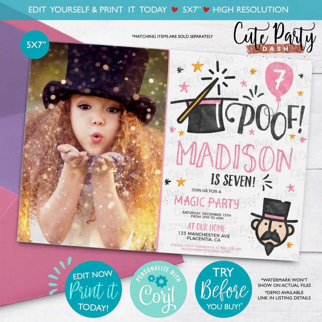 Magic Invite Magic Birthday Invitation Girl: Editable Photo Invite (instant Download ...