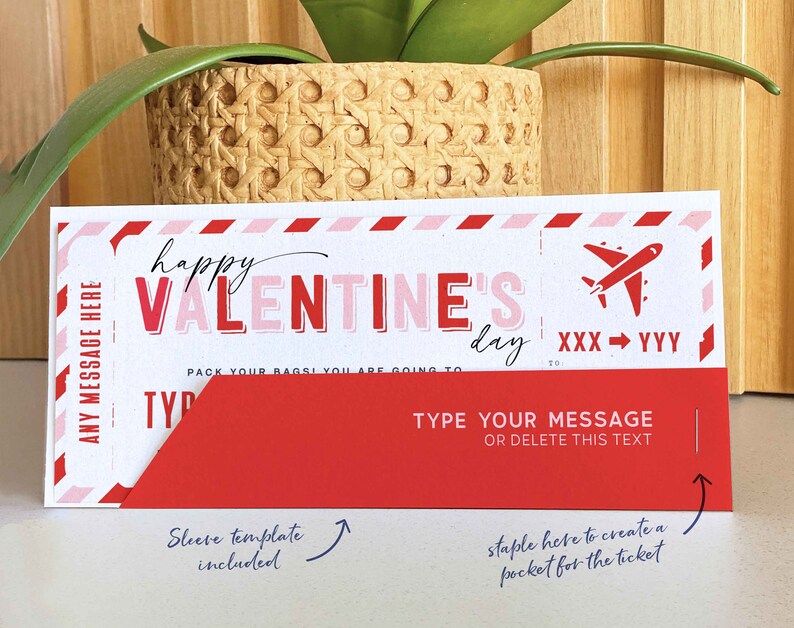Boarding Pass Ticket Template, Editable Valentine's Day gift ticket, Fake Vacation Airplane Ticket Trip, Airlines Voucher INSTANT DOWNLOAD