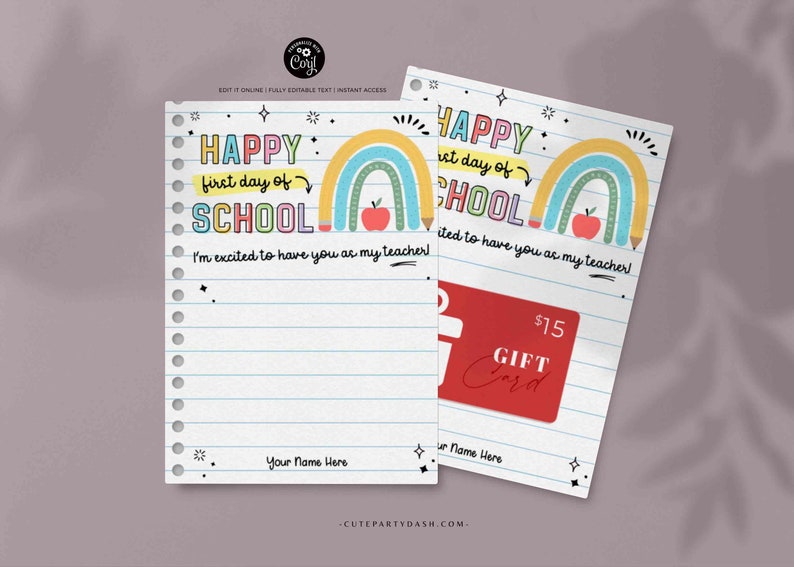 Editable Happy First Day of School Rainbow Gift Card Holder Welcome Back to School Teacher Gift card School Supplies Card INSTANT DOWNLOAD