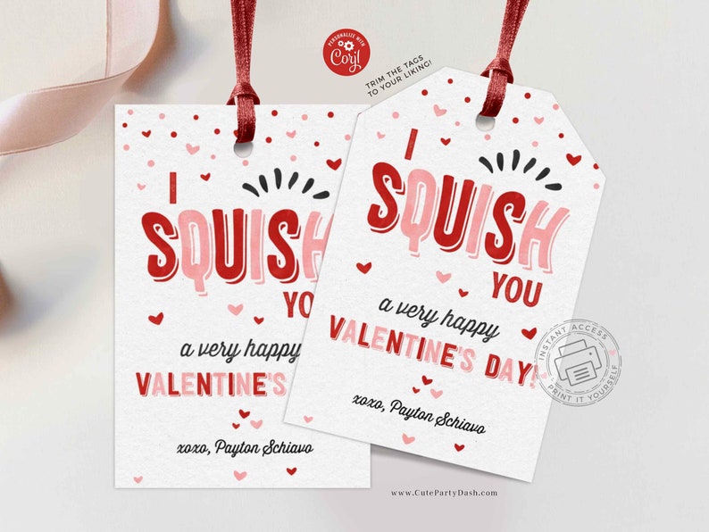 I Squish You a Happy Valentine's Day Treat Tag, Non-Candy Squishy Toy Valentine gift tag, Preschool Classroom Tag, INSTANT DOWNLOAD EDITABLE
