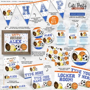 Op de afbeelding: Printbare feestversiering voor een sport-thema verjaardagsfeest. De set bevat een banner, cupcake toppers, waterfleslabels, bedankkaartjes, menukaarten en feestborden. De versiering heeft een blauw en oranje kleurenschema met een aquareleffect en illustraties van verschillende sportartikelen, waaronder honkballen, basketbals, voetbals en voetbals. De tekst op de versiering zegt "Happy Birthday Alex" en "Kleedkamer!"
