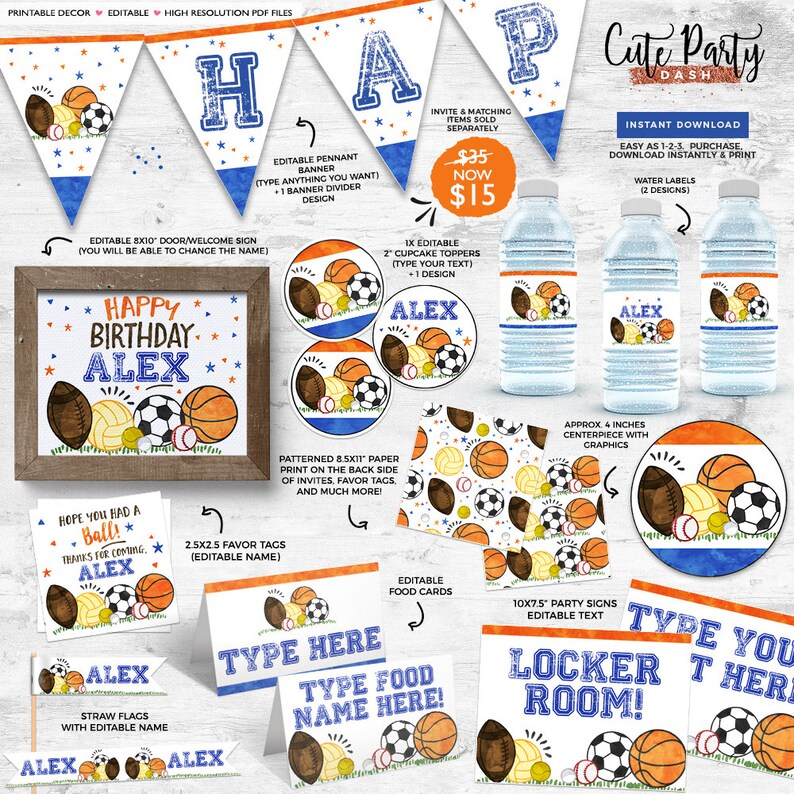Op de afbeelding: Printbare feestversiering voor een sport-thema verjaardagsfeest. De set bevat een banner, cupcake toppers, waterfleslabels, bedankkaartjes, menukaarten en feestborden. De versiering heeft een blauw en oranje kleurenschema met een aquareleffect en illustraties van verschillende sportartikelen, waaronder honkballen, basketbals, voetbals en voetbals. De tekst op de versiering zegt "Happy Birthday Alex" en "Kleedkamer!"