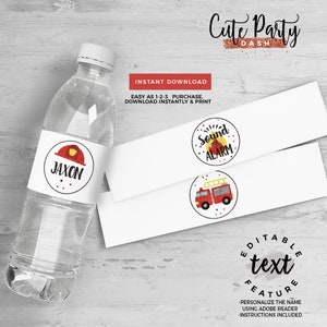 May include: Printable water bottle labels featuring a red fire truck and a fire helmet with the text "Sound the Alarm" and "Jaxon". The labels are designed for a fire truck themed party.