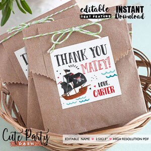 May include: Printable thank you tag with a pirate ship illustration. The tag is white with blue and red accents. The text reads "Thank You Matey! Love, Carter".