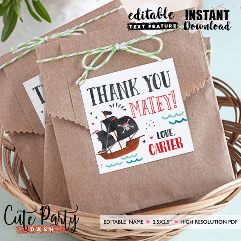 May include: Printable thank you tag with a pirate ship illustration. The tag is white with blue and red accents. The text reads "Thank You Matey! Love, Carter".