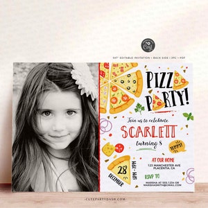 May include: A printable pizza party invitation with a photo of a girl and the text "Pizza Party!" and "Join us to celebrate Scarlett turning 8".