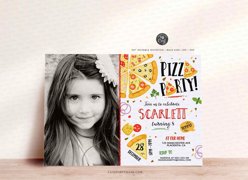 May include: A printable pizza party invitation with a photo of a girl and the text "Pizza Party!" and "Join us to celebrate Scarlett turning 8".