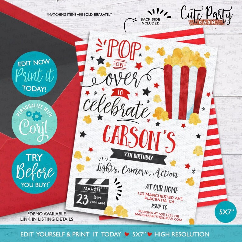 May include: A popcorn-themed birthday party invitation with red and white stripes. The invitation reads "Pop on Over to Celebrate Carson's 7th Birthday." Includes details for the party, such as the date, time, and location. The invitation is 5x7 inches.