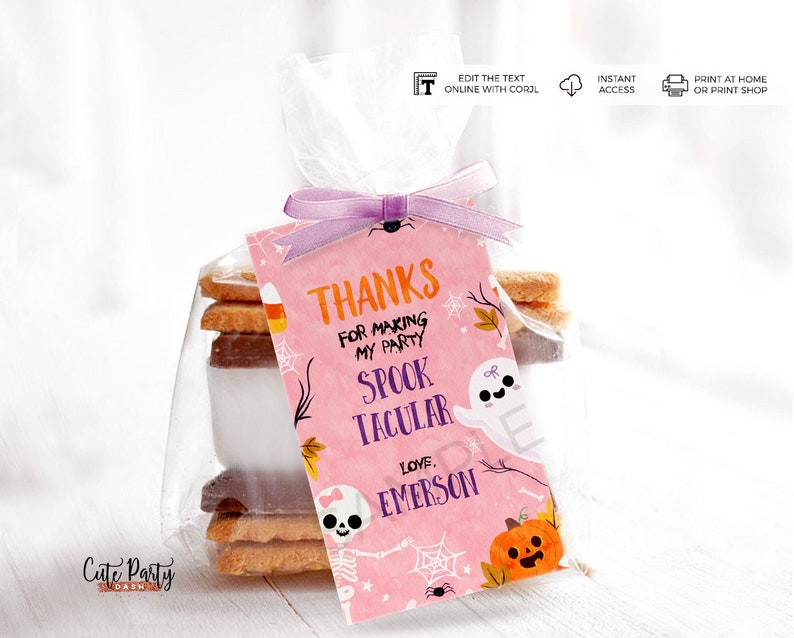 May include: Pink and orange Halloween favor tag with a ghost, skeleton, and pumpkin. The tag says "Thanks for making my party Spooktacular. Love, Emerson."