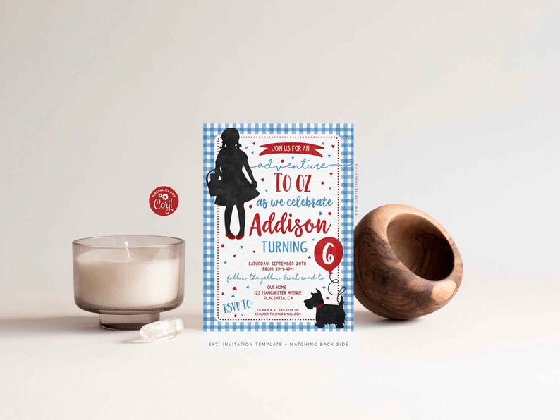 May include: A blue and white gingham patterned invitation for a 6th birthday party. The invitation features a silhouette of Dorothy from the Wizard of Oz, a red balloon with the number 6, and a black and white dog. The text on the invitation reads "Join us for an adventure to Oz as we celebrate Addison turning 6".