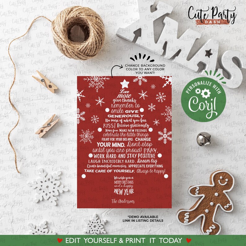 May include: Red printable Christmas card with white snowflakes and a message about love, giving thanks, and being generous. The card also includes the text "Personalize with Corjl" and "Edit Yourself & Print It Today".