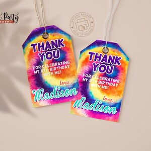 May include: Two colorful tie-dye thank you tags with the text "Thank You for celebrating my 8th birthday with me! Love, Madison".