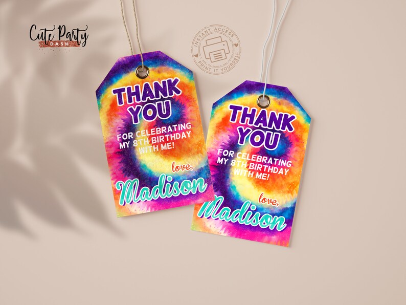 May include: Two colorful tie-dye thank you tags with the text "Thank You for celebrating my 8th birthday with me! Love, Madison".