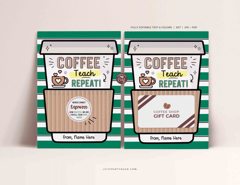 Thanks a Latte Gift Card Holder Coffee Thank You Teacher Card template Printable Coffee Teach Repeat Editable Gift card INSTANT DOWNLOAD