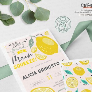May include: A pink and yellow lemon-themed bridal shower invitation with the text "She found her Main Squeeze!" and "Let's shower the bride-to-be Alicia Bringsto" with the date "Oct 31" and the time "At 1".