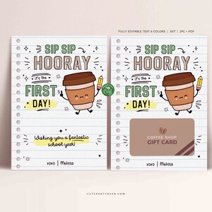 Sip Sip Hooray It's The First Day Gift Card Holder Template Editable Back to School Printable Coffee Gift for Teacher Work INSTANT DOWNLOAD