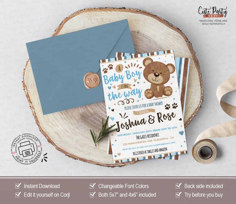 INSTANT DOWNLOAD, Little Bear Baby Shower Table signs, Bear cub baby shower printable, couples brown blue baby shower decor gift favor 454 image 3