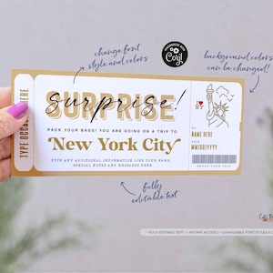 Surprise New York Trip Ticket Template: Editable Travel Gift (instant