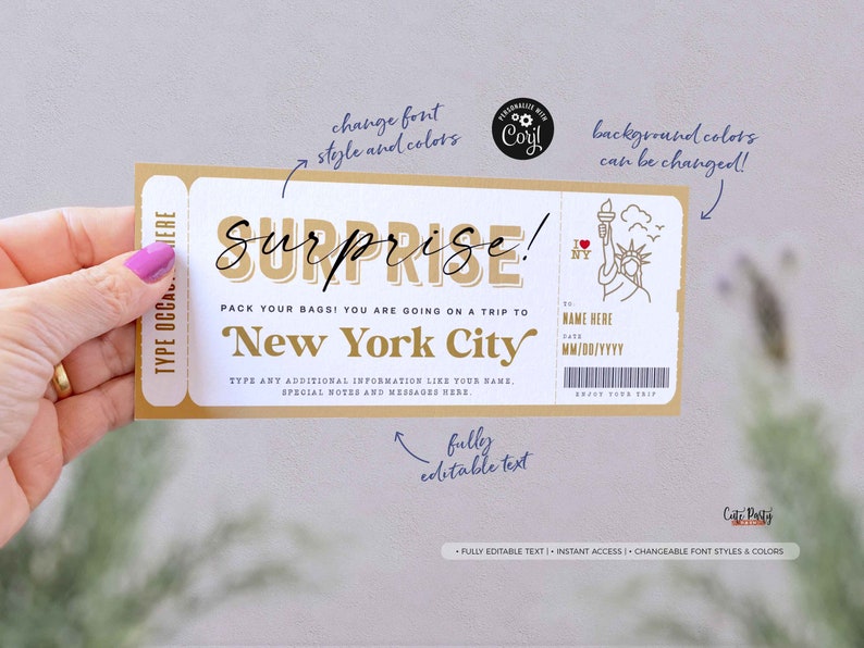 Surprise New York trip ticket Template, Editable Travel gift ticket, Surprise NYC Vacation Boarding Pass Ticket Trip INSTANT DOWNLOAD