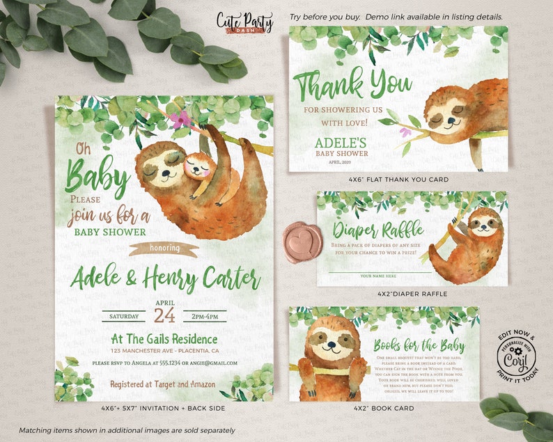 May include: A set of printable baby shower invitations featuring a watercolor illustration of a sloth mom and baby. The invitation includes the text "Oh Baby, Please join us for a Baby Shower honoring Adele & Henry Carter". The invitation also includes the date, time, and location of the baby shower. The invitation is available in a 4x6 inch size.