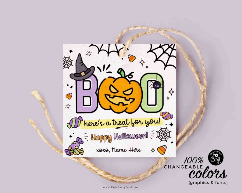 May include: A printable Halloween gift tag featuring a cartoon pumpkin, witch's hat, spider, and sweets. The tag reads "BOO! here's a treat for you! Happy Halloween! xoxo, Name Here".