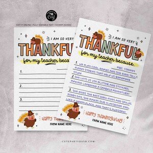 May include: Printable Thanksgiving activity for kids to write what they are thankful for their teacher. The printable features a cartoon turkey with a pilgrim hat and the text "I am so very thankful for my teacher because..."
