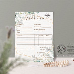 May include: Editable order form template with a watercolor floral design in shades of green and gold. The form includes fields for customer information, date placed, date needed, pickup/delivery, description, quantity, unit cost, amount, subtotal, discount, taxes, and total amount. The text "Order Form" is written in a cursive font.
