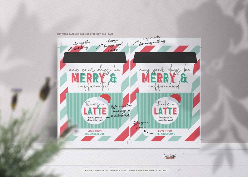 Editable May your days be Merry & Caffeinated Christmas Holiday Coffee Gift Card Holder, Thanks a Latte Gift card , INSTANT DOWNLOAD