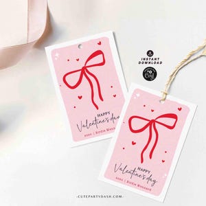 Red Coquette Bow Happy Valentine's Day Gift Tag Printable INSTANT DOWNLOAD Whimsical Teacher Valentines Gift Co worker Team EDITABLE Kids