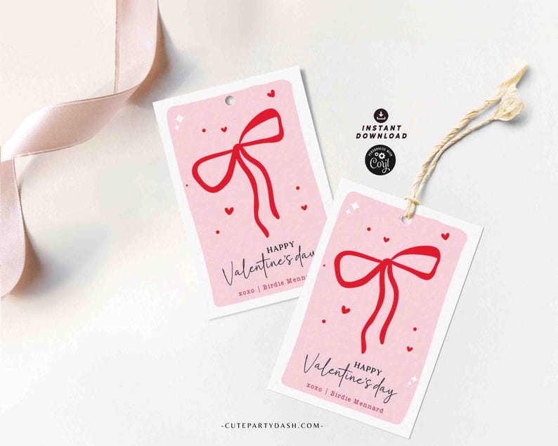 Red Coquette Bow Happy Valentine's Day Gift Tag Printable INSTANT DOWNLOAD Whimsical Teacher Valentines Gift Co worker Team EDITABLE Kids