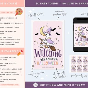 May include: A digital Halloween-themed invitation template featuring a cartoon duck dressed as a witch, riding a broomstick. The design includes the text "Witching you a happy Halloween!" and is shown on a phone screen and printed on paper.
