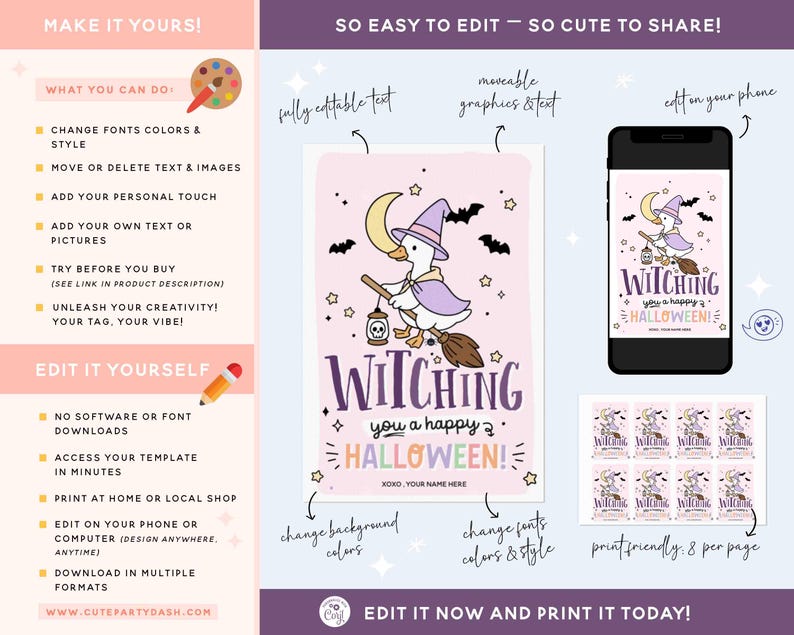 May include: A digital Halloween-themed invitation template featuring a cartoon duck dressed as a witch, riding a broomstick. The design includes the text "Witching you a happy Halloween!" and is shown on a phone screen and printed on paper.