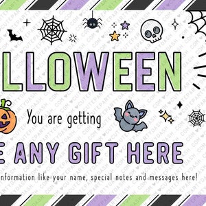 May include: A printable Halloween gift tag with a purple, green and black striped border. The tag features a festive Halloween design with pumpkins, bats, spiders and stars. The text reads "Happy Halloween", "You are getting", "Type any gift here", "To: Recipient", "From: Your Name", and "You are special!"