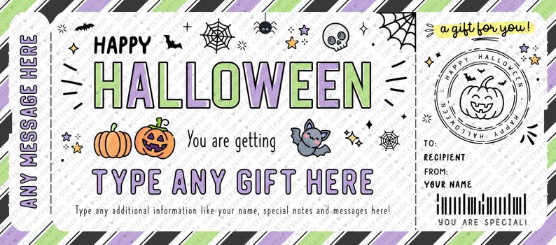 May include: A printable Halloween gift tag with a purple, green and black striped border. The tag features a festive Halloween design with pumpkins, bats, spiders and stars. The text reads "Happy Halloween", "You are getting", "Type any gift here", "To: Recipient", "From: Your Name", and "You are special!"