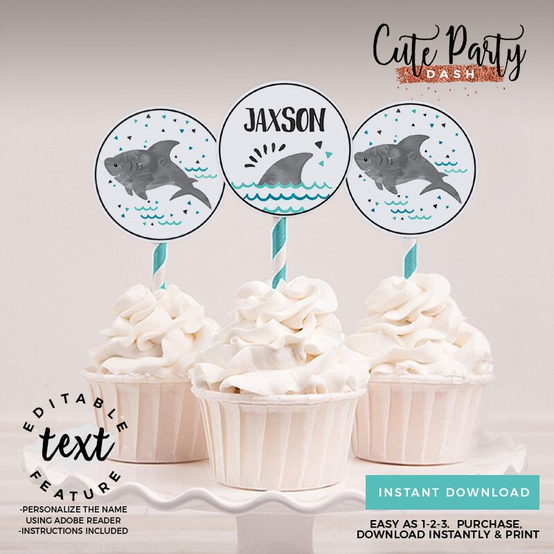 INSTANT DOWNLOAD, EDITABLE Shark Birthday decorations Cupcake toppers Watercolors Under the sea printable decor Pool party 2 inches 417