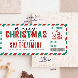 May include: A printable Christmas spa gift certificate with a red, green, and white striped border. The text reads "Merry Christmas, You are getting a Spa Treatment".