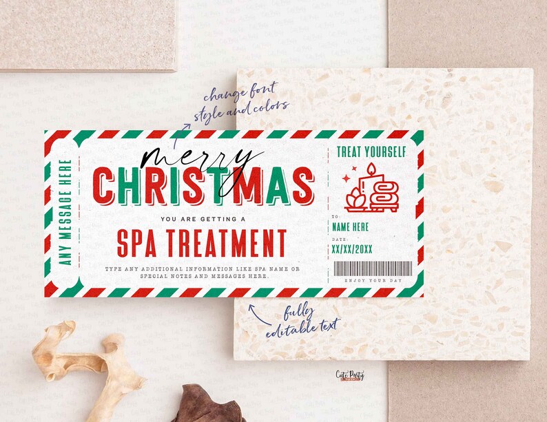 May include: A printable Christmas spa gift certificate with a red, green, and white striped border. The text reads "Merry Christmas, You are getting a Spa Treatment".